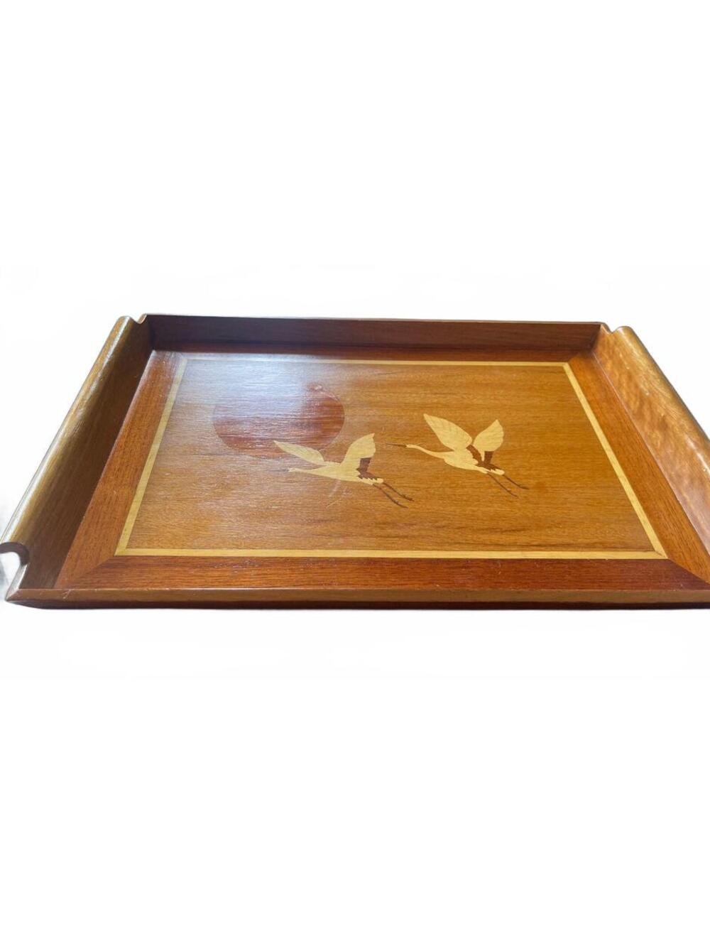 Vintage Wooden Serving Tray with Crane Inlay Design 70s
